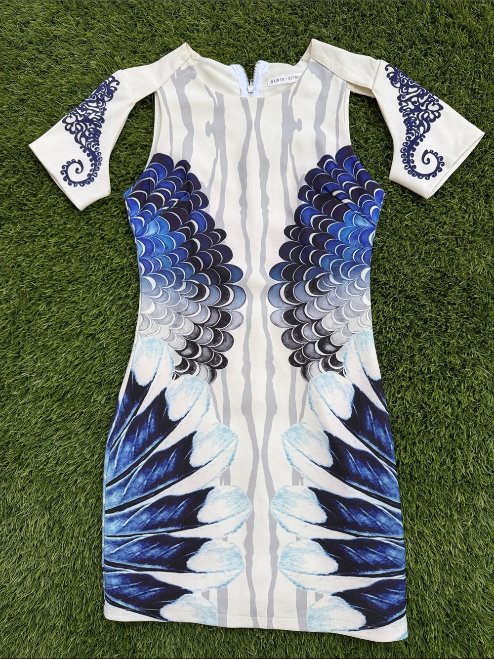 Blue & Cream Feather-Print Bodycon Mini Dress